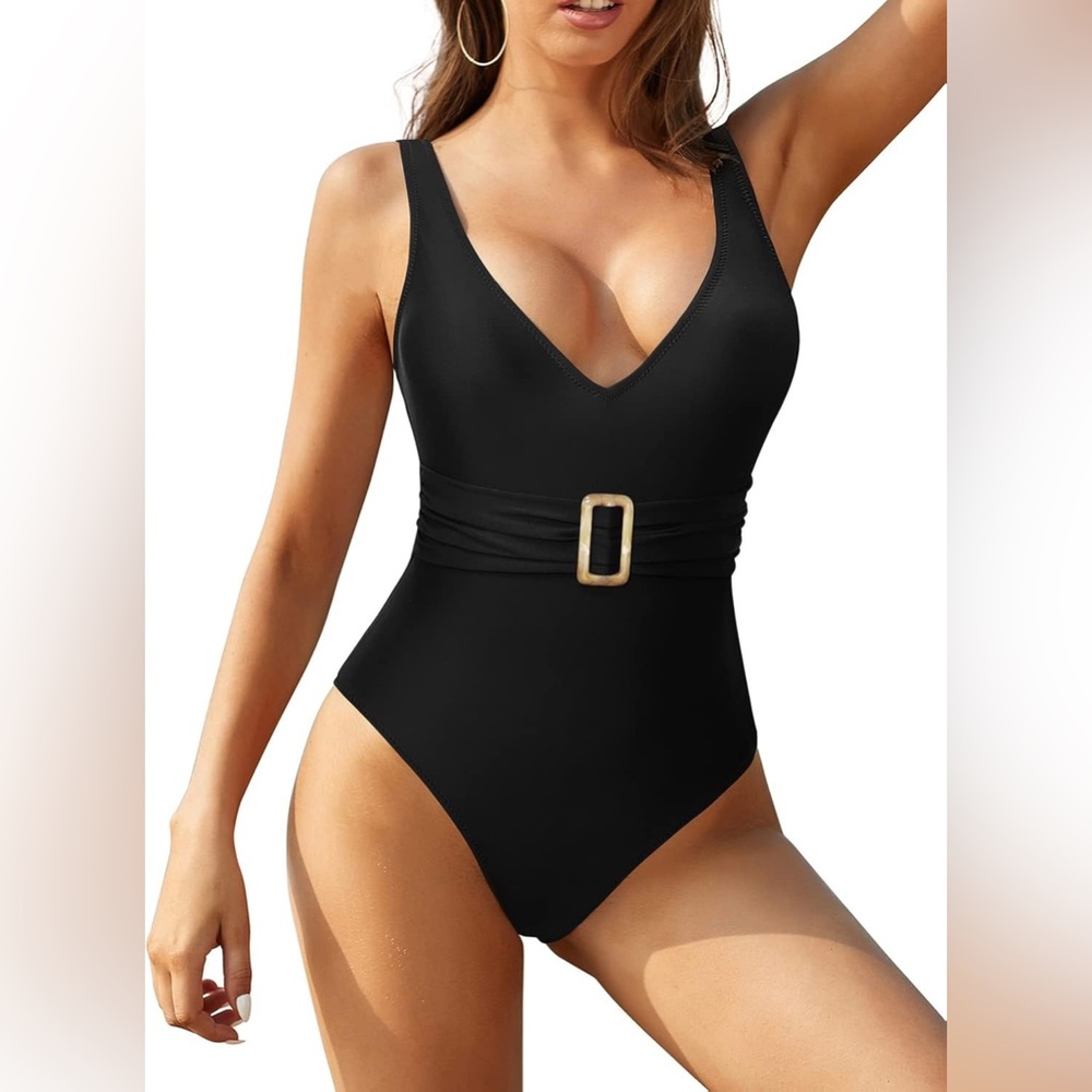 Black Deep V-Neck Belt Low Back Swimsuit